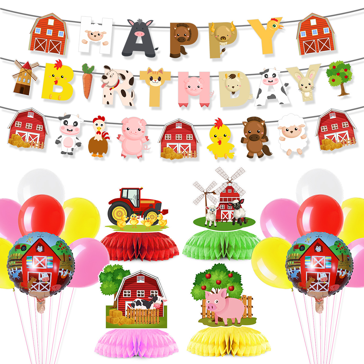 Confetti Balloon Set - 만화 농장 동물 테마 생일 배너