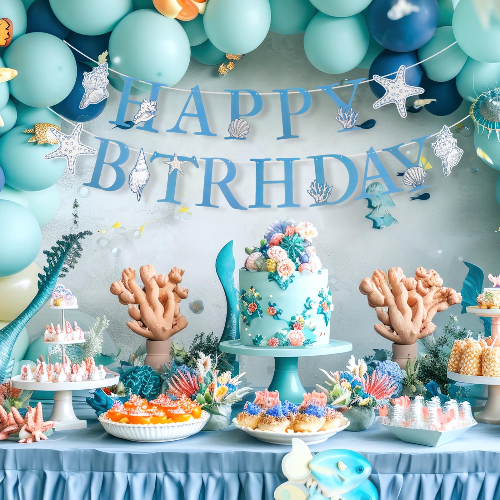 우아한 바다 인어 생일 파티 장식 블루 보우 불가사리  - Confetti Balloon Set 리뷰 및 가격